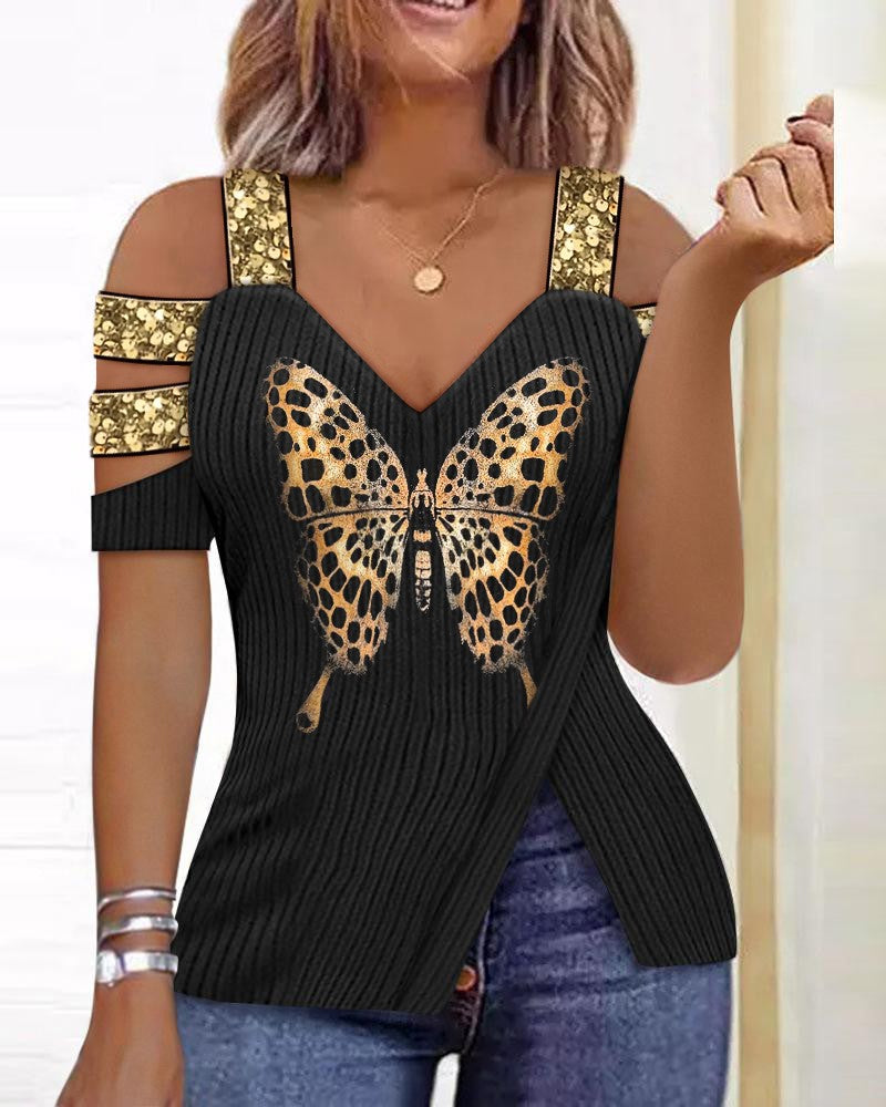 Butterfly Print Split Hem Cold Shoulder Top