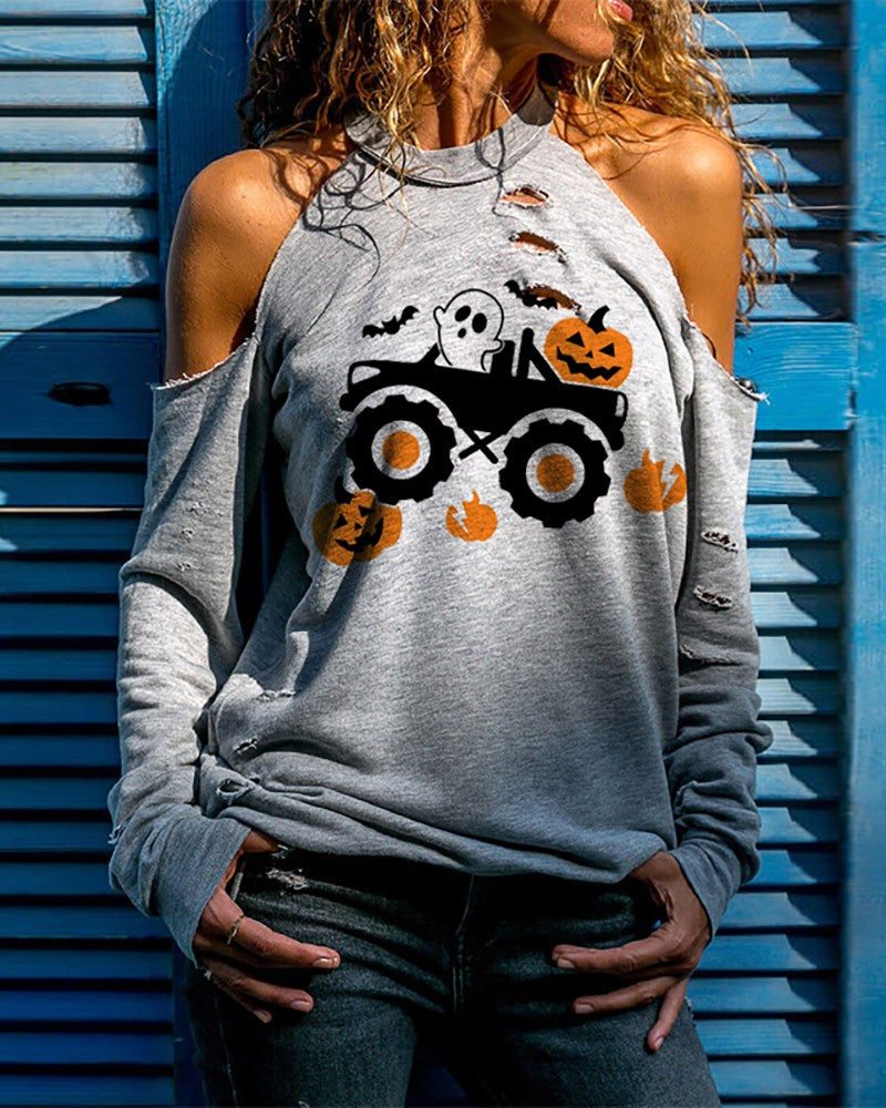 Halloween Cold Shoulder Pumpkin Ghost Print Cutout Top