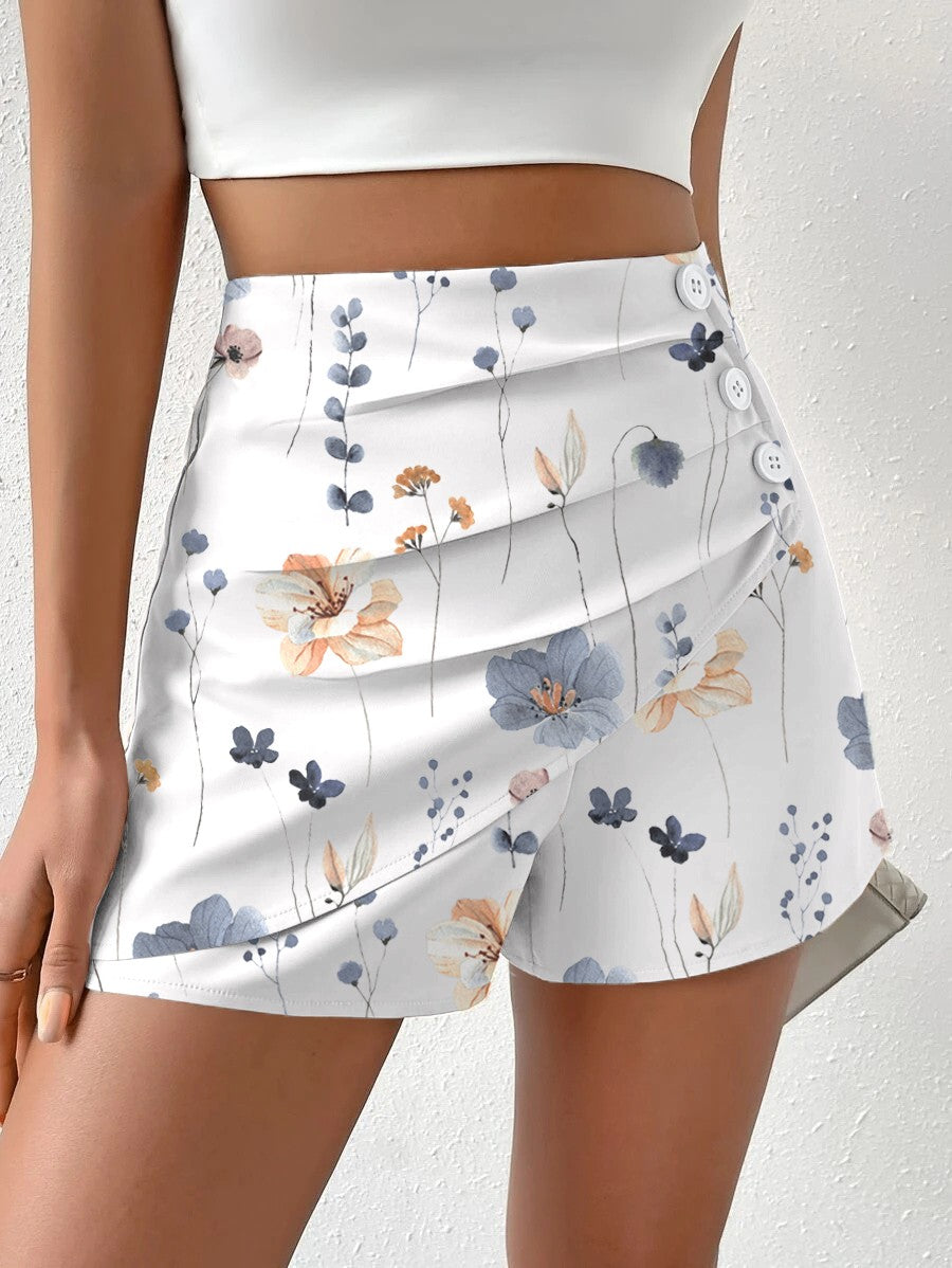 Floral Print Side Button Ruched Shorts