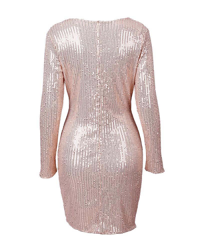 V Neck Ruched Allover Sequins Dress