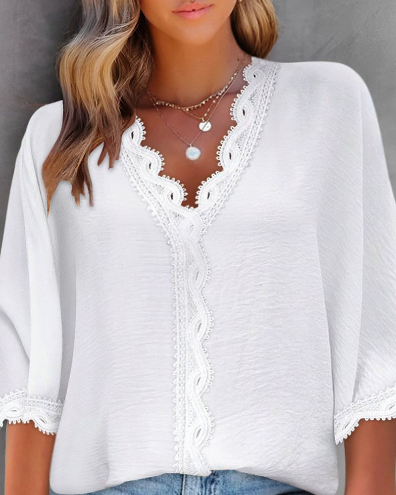 V Neck Contrast Lace Top