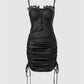 Lace Trim Zip Front PU Leather Drawstring Ruched Bodycon Dress