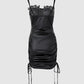 Lace Trim Zip Front PU Leather Drawstring Ruched Bodycon Dress