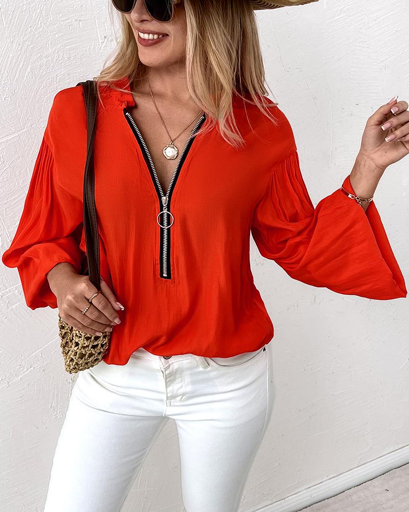 Lantern Sleeve Zipper Design Casual Top