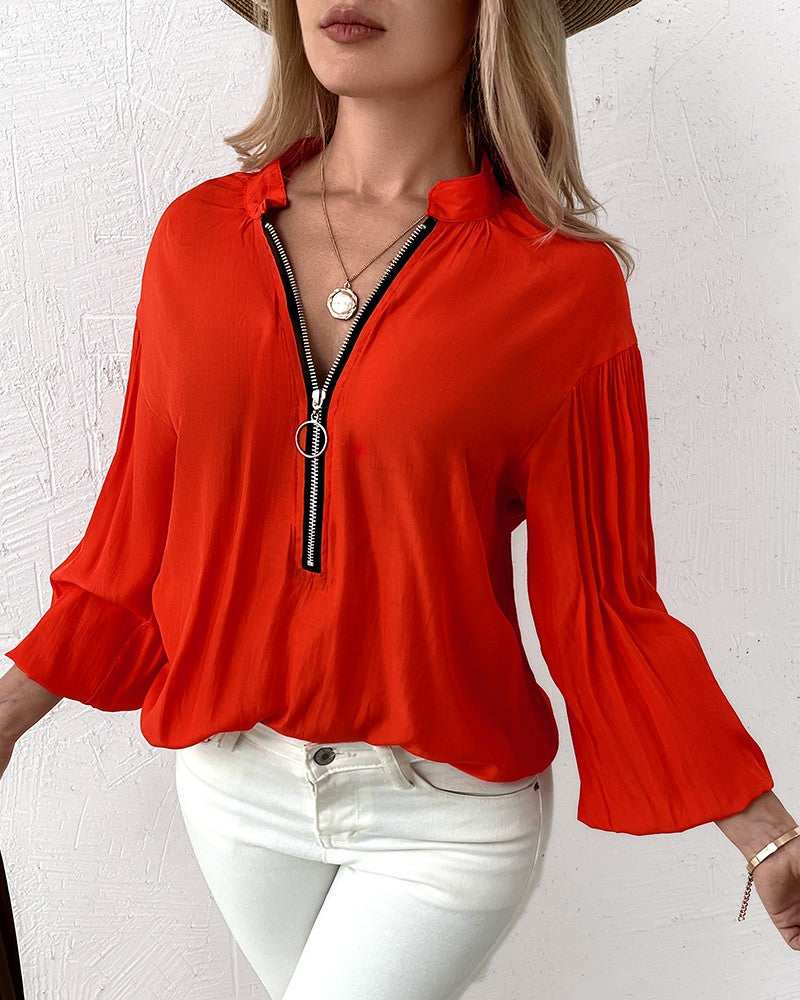 Lantern Sleeve Zipper Design Casual Top