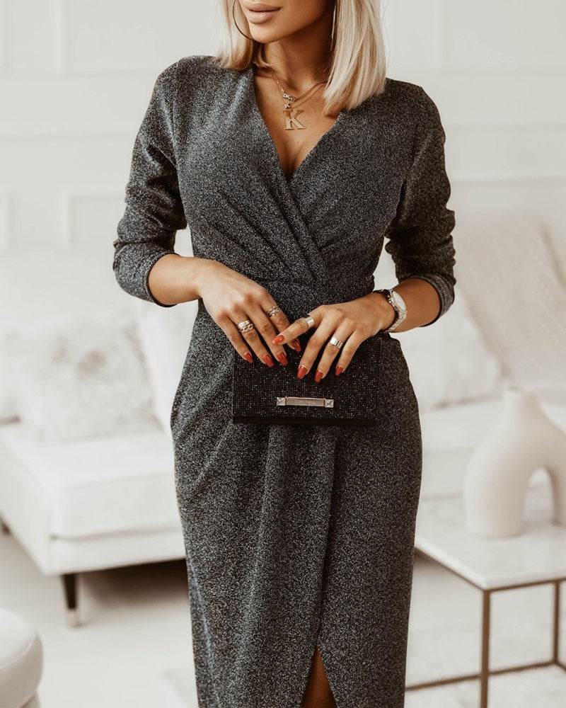 Glitter Long Sleeve Ruched Split Thigh Maxi Dress