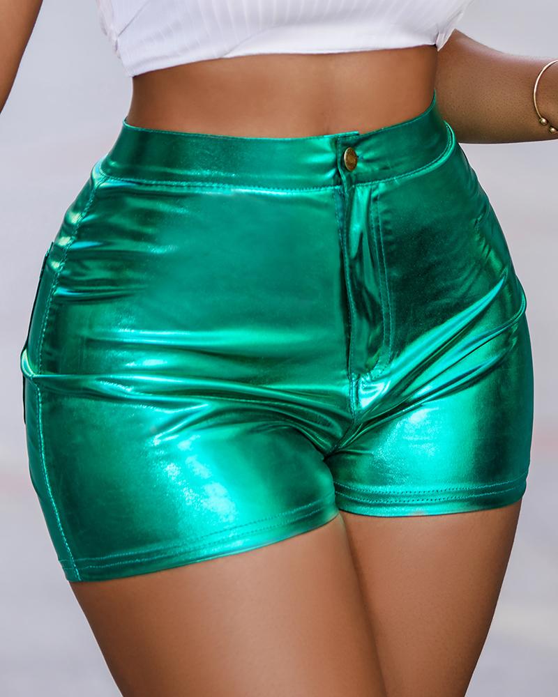 High Waist Pocket Design PU Leather Shorts