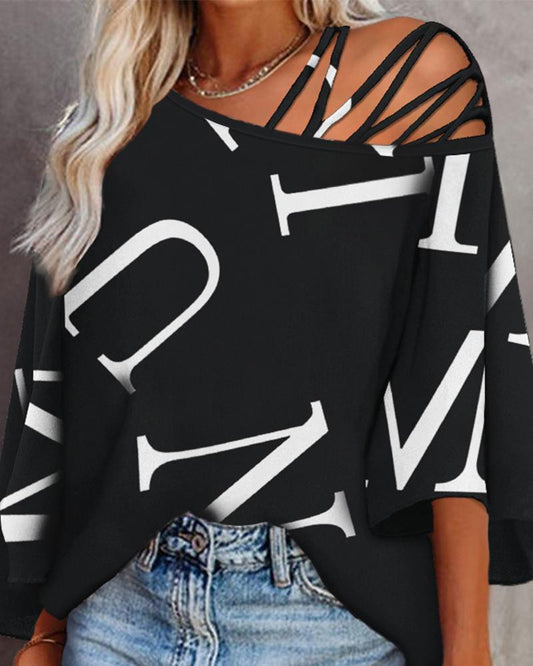 Letter Print Cold Shoulder Bell Sleeve Top