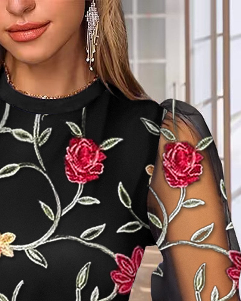 Floral Embroidery Mesh Patch Top