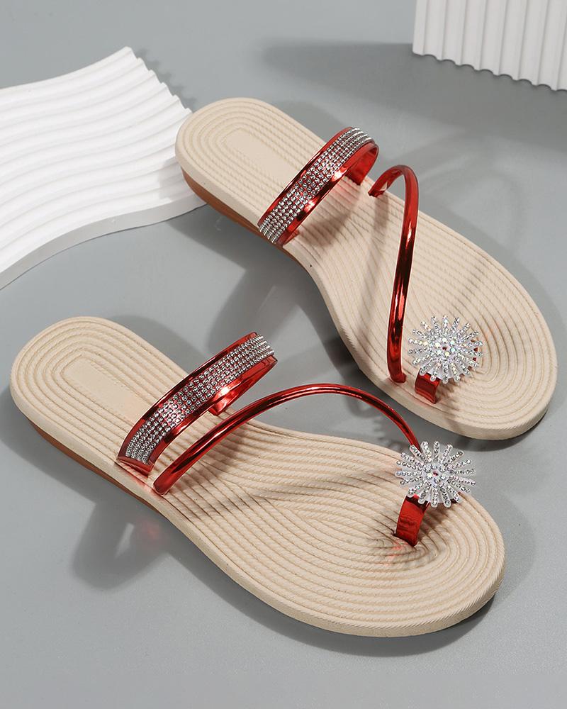 Rhinestone Floral Pattern Toe Ring Beach Flip Flops