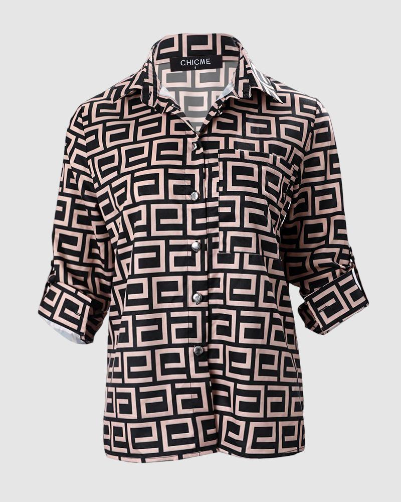 Geometric Print Roll Tab Sleeve Button Down Shirt