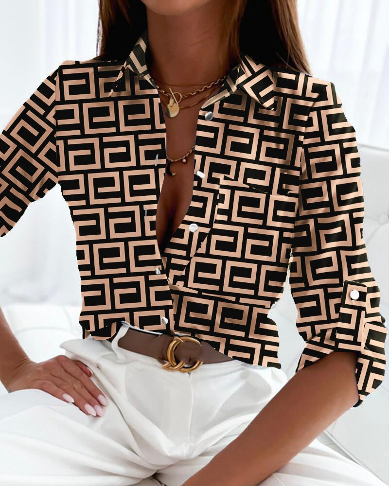 Geometric Print Roll Tab Sleeve Button Down Shirt