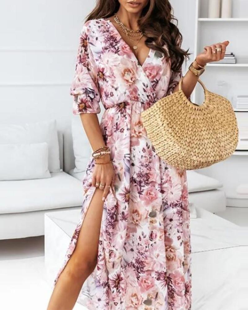 Floral Print Flounce Sleeve Wrap Dress