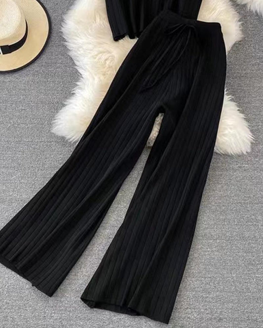 Sleeveless Knit Top & Tied Detail Wide Leg Pants Set