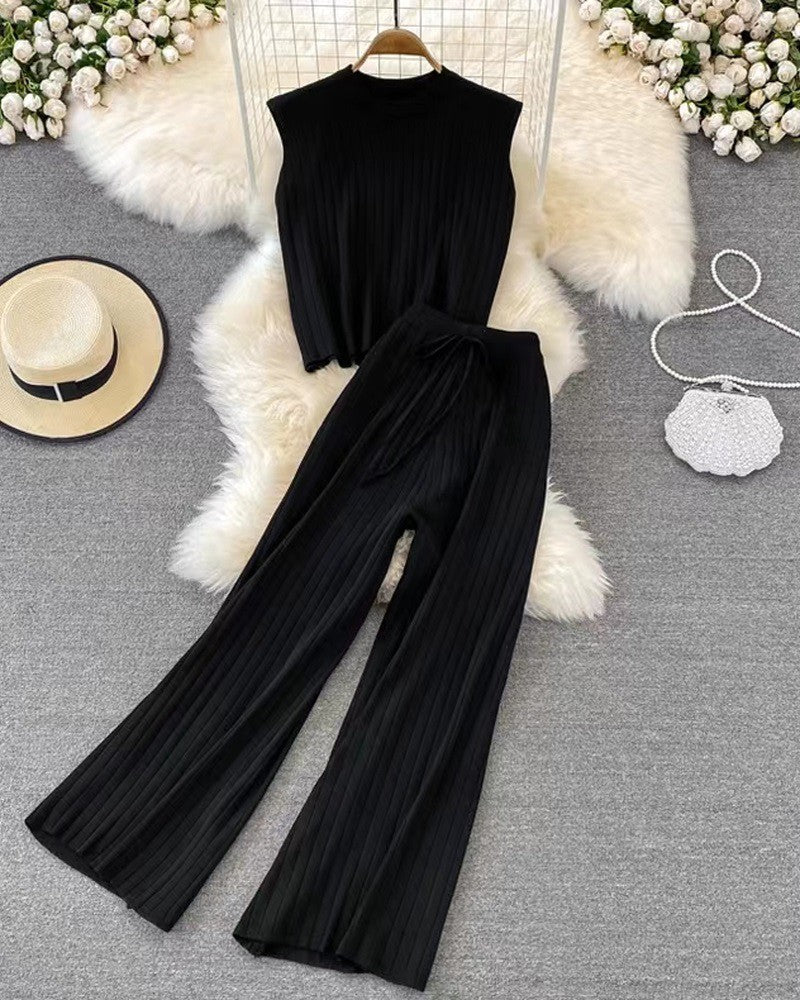 Sleeveless Knit Top & Tied Detail Wide Leg Pants Set