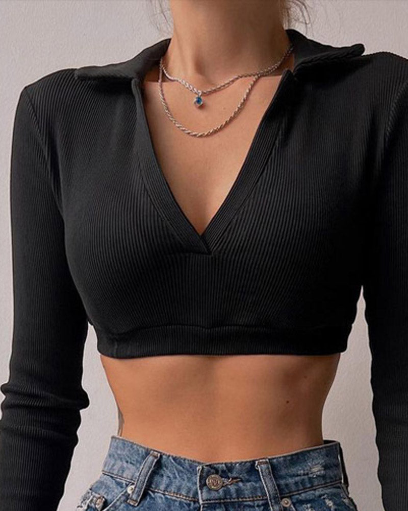 Long Sleeve V Neck Ribbed Crop Top