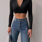 Long Sleeve V Neck Ribbed Crop Top