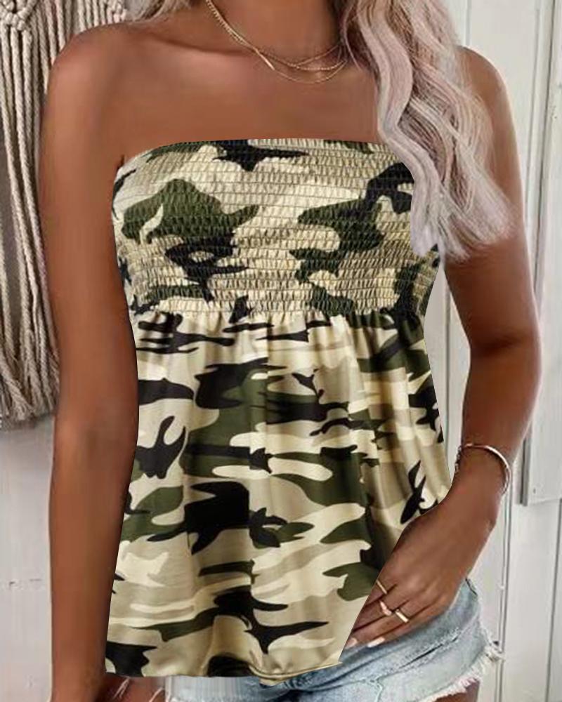 Camouflage Print Shirred Tank Top