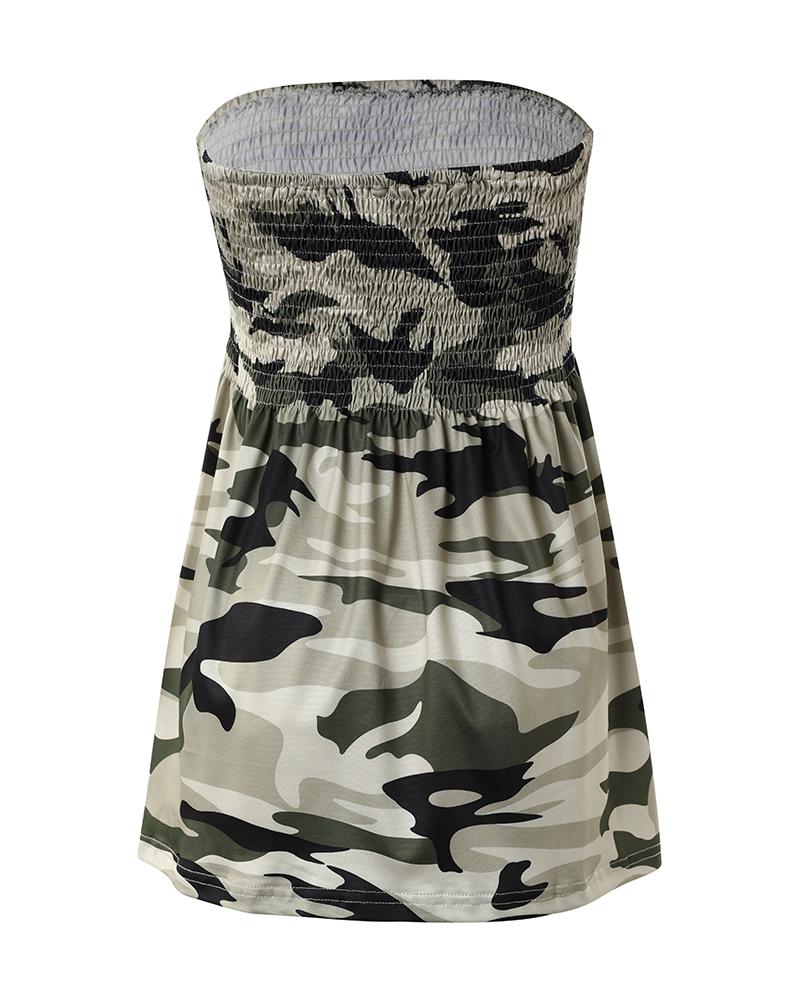 Camouflage Print Shirred Tank Top