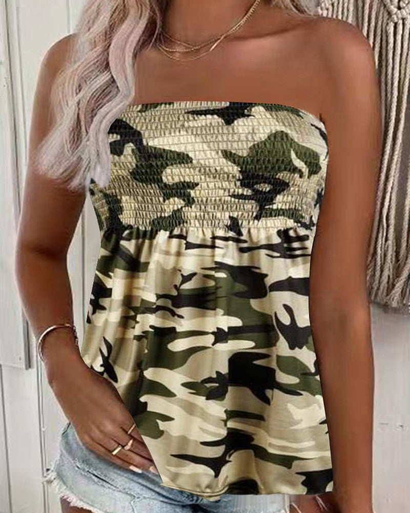 Camouflage Print Shirred Tank Top