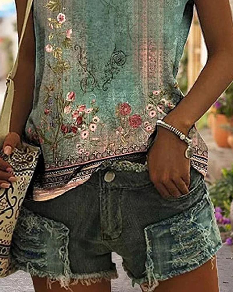 Tribal Floral Print Cap Sleeve V Neck T shirt