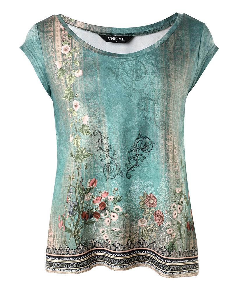 Tribal Floral Print Cap Sleeve V Neck T shirt