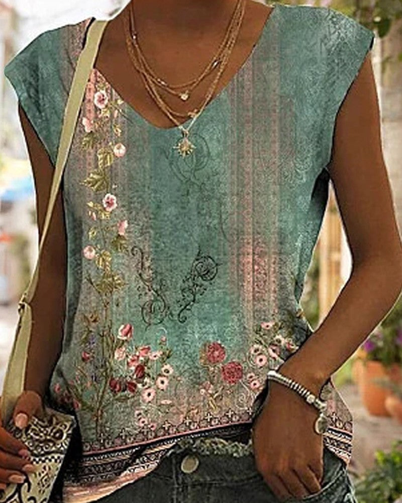 Tribal Floral Print Cap Sleeve V Neck T shirt