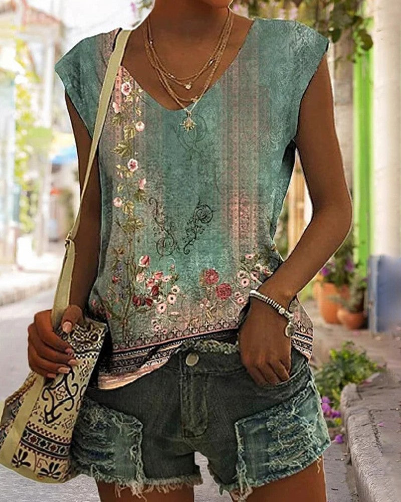 Tribal Floral Print Cap Sleeve V Neck T shirt