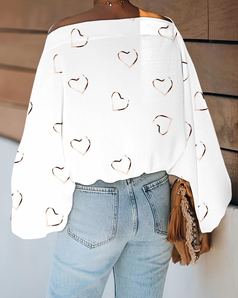 Heart Print Lantern Sleeve Skew Neck Top