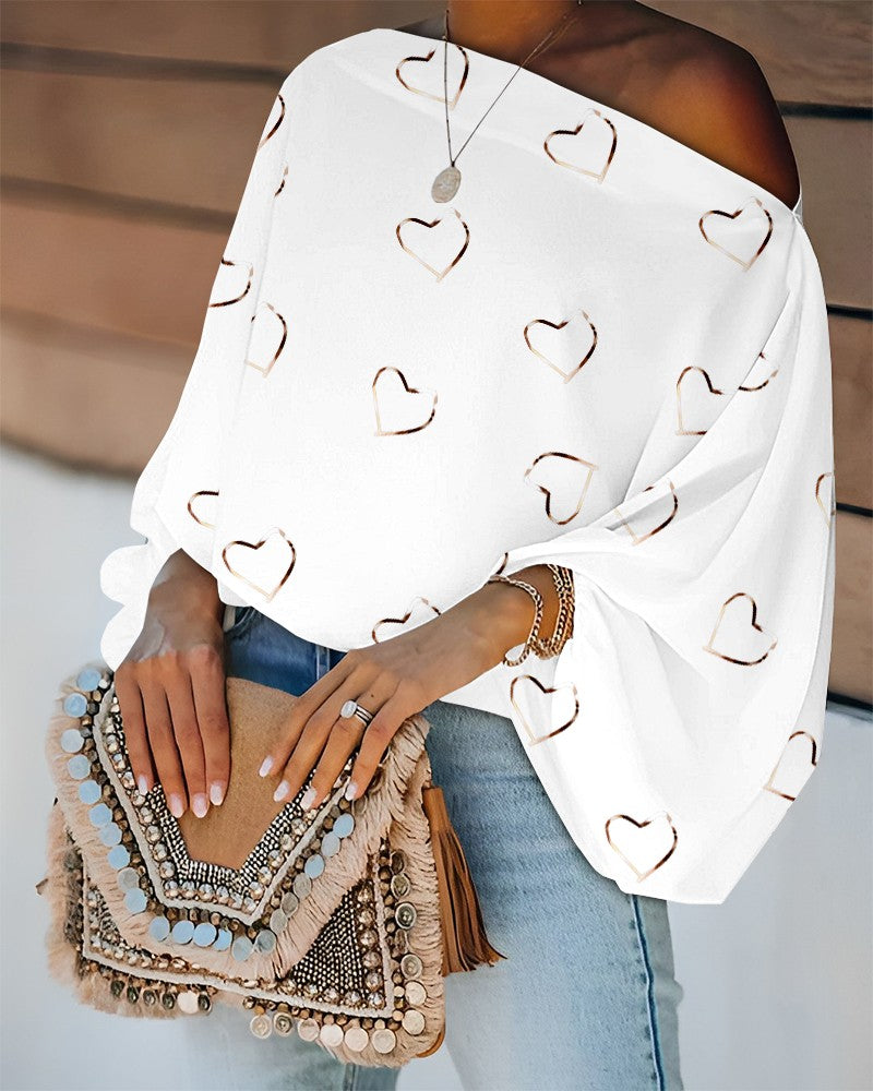 Heart Print Lantern Sleeve Skew Neck Top