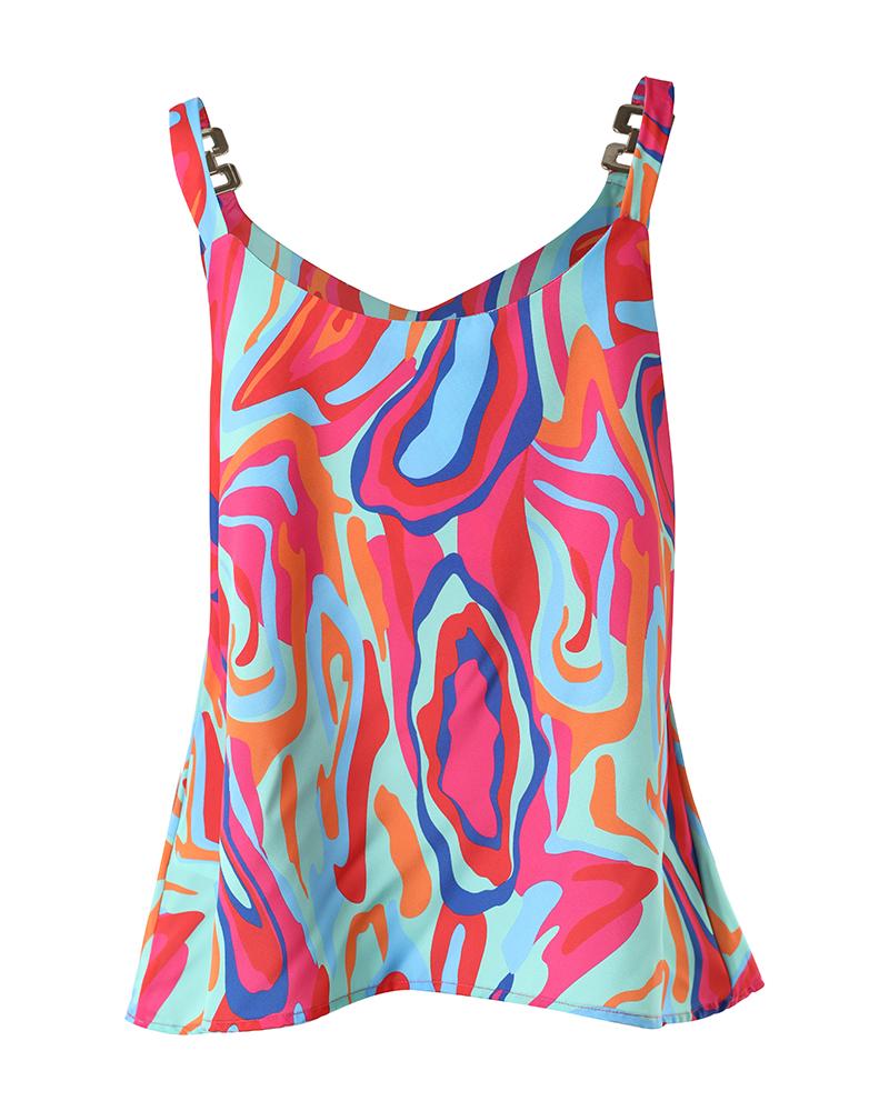 Multi Color Abstract Print Chain Decor Tank Top