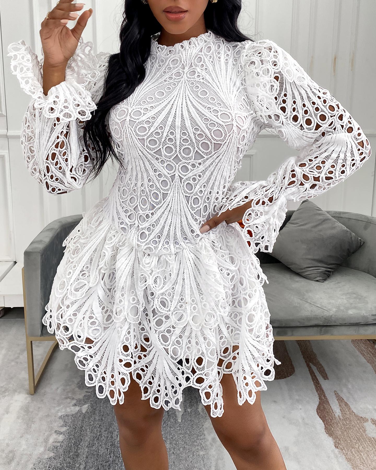 Eyelet Embroidery Bell Sleeve Lace Dress