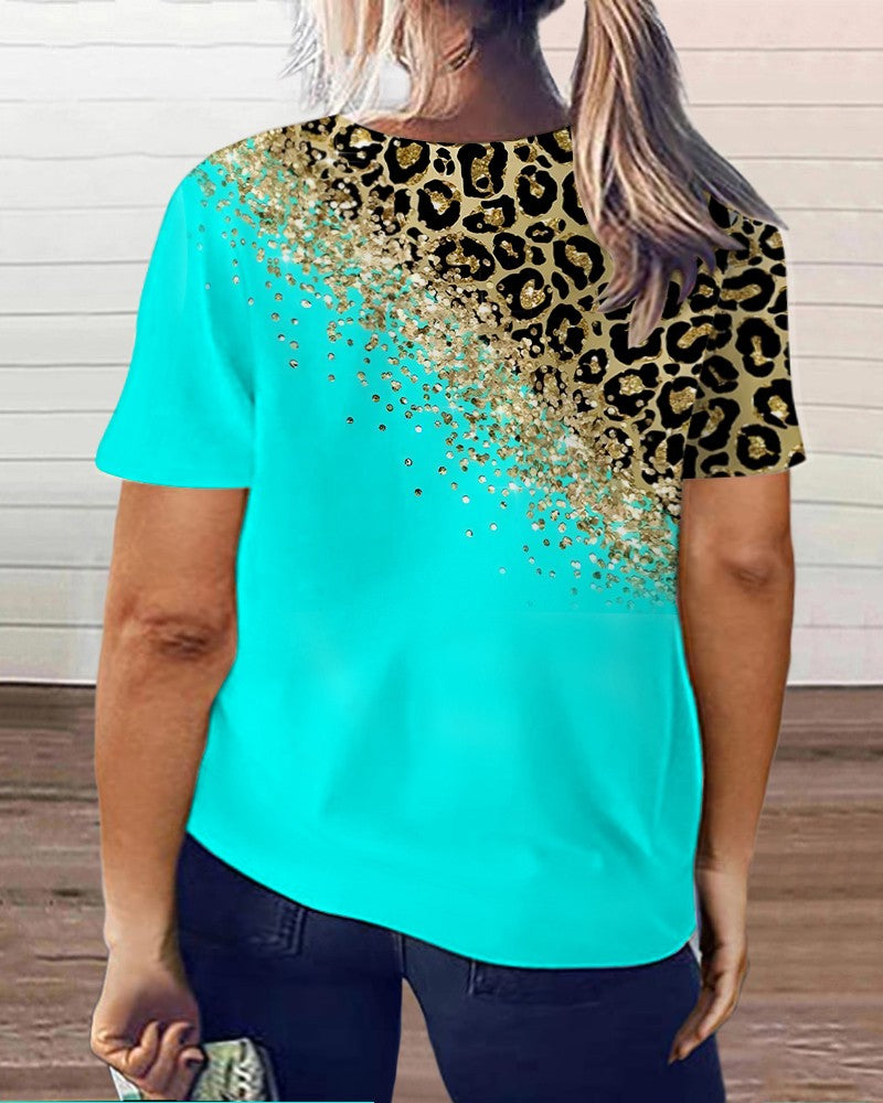 Plus Size Contrast Leopard Print Round Neck T Shirt