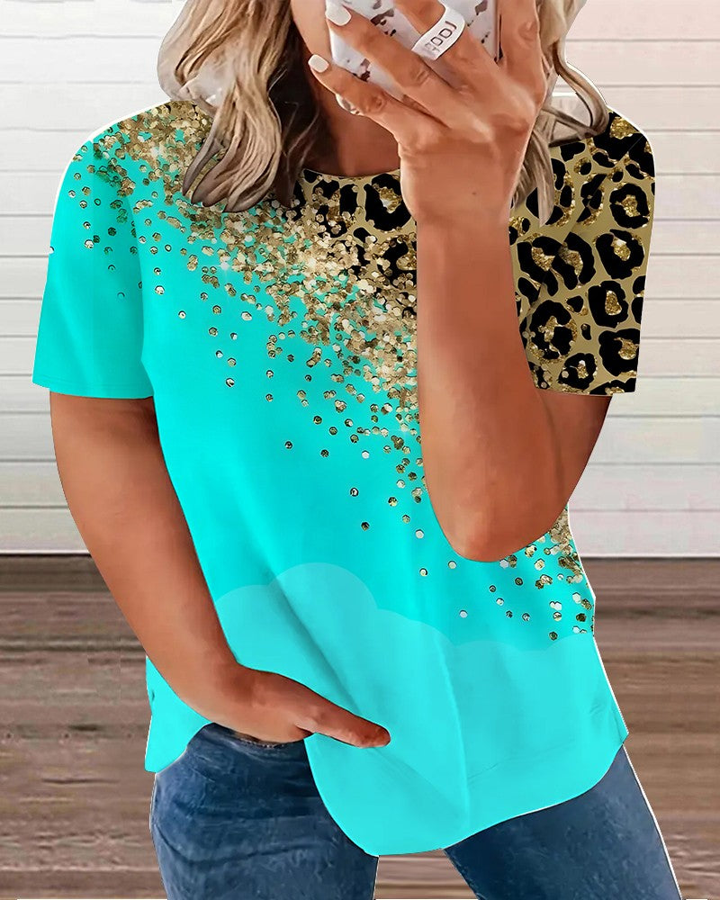 Plus Size Contrast Leopard Print Round Neck T Shirt