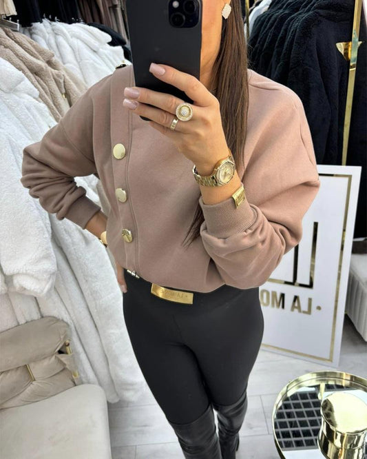 O neck Long Sleeve Buttoned Sweatshirt