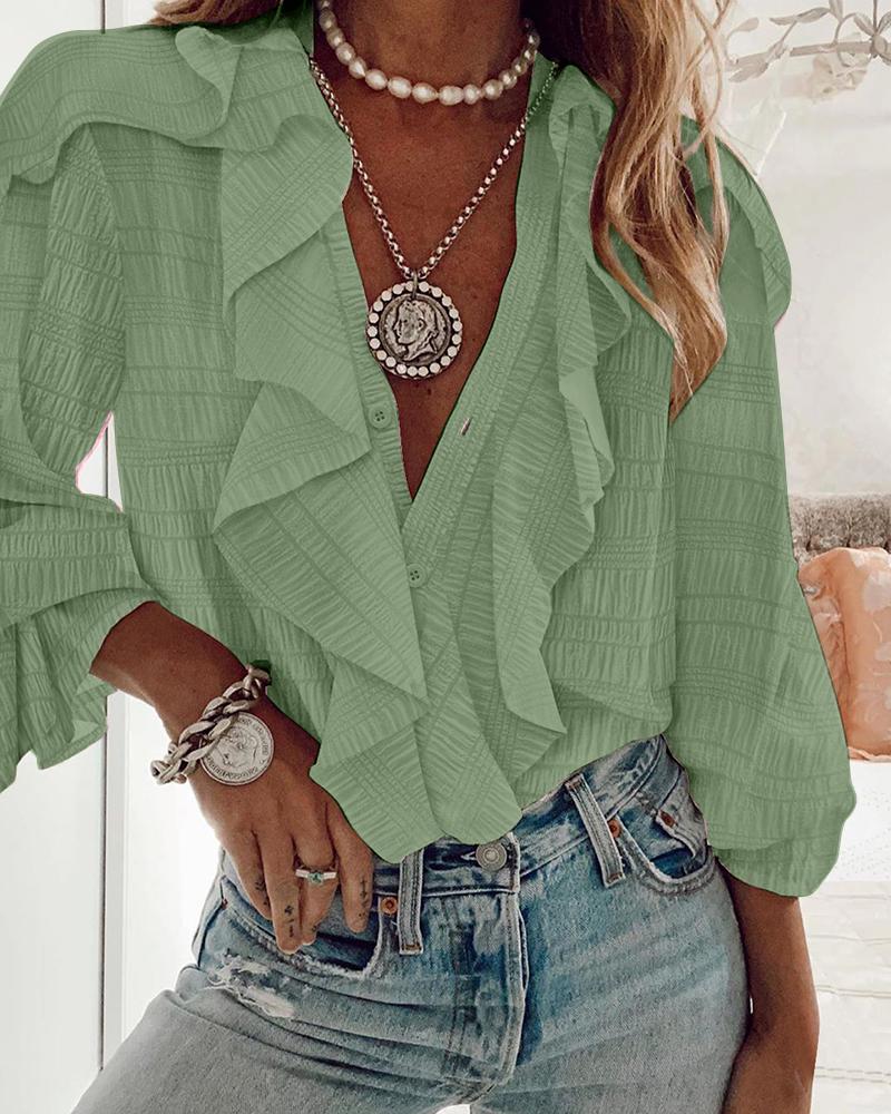 Ruffle Hem Long Sleeve Textured Blouse