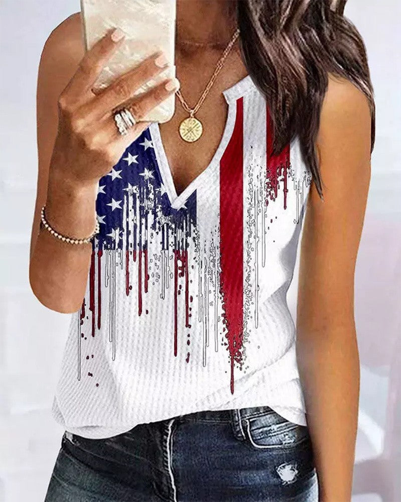 Independence Day Flag Print Notch Neck Tank Top