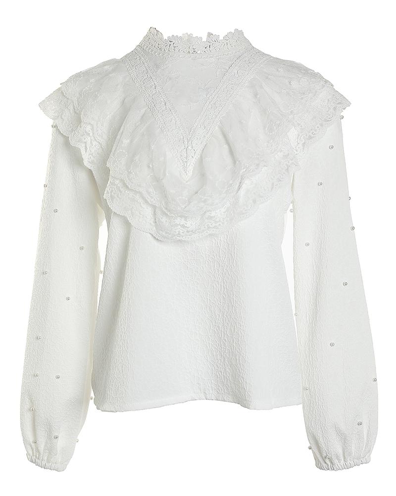 Contrast Lace Beaded Lantern Sleeve Top