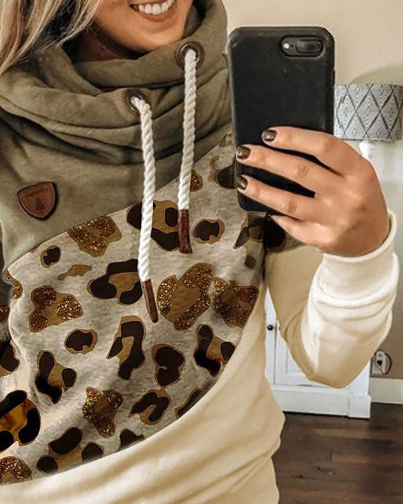 Lantern Sleeve Colorblock Leopard Print Hooded Top