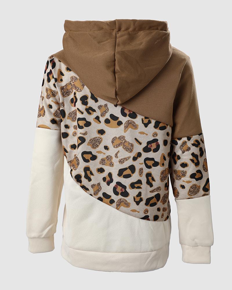 Lantern Sleeve Colorblock Leopard Print Hooded Top