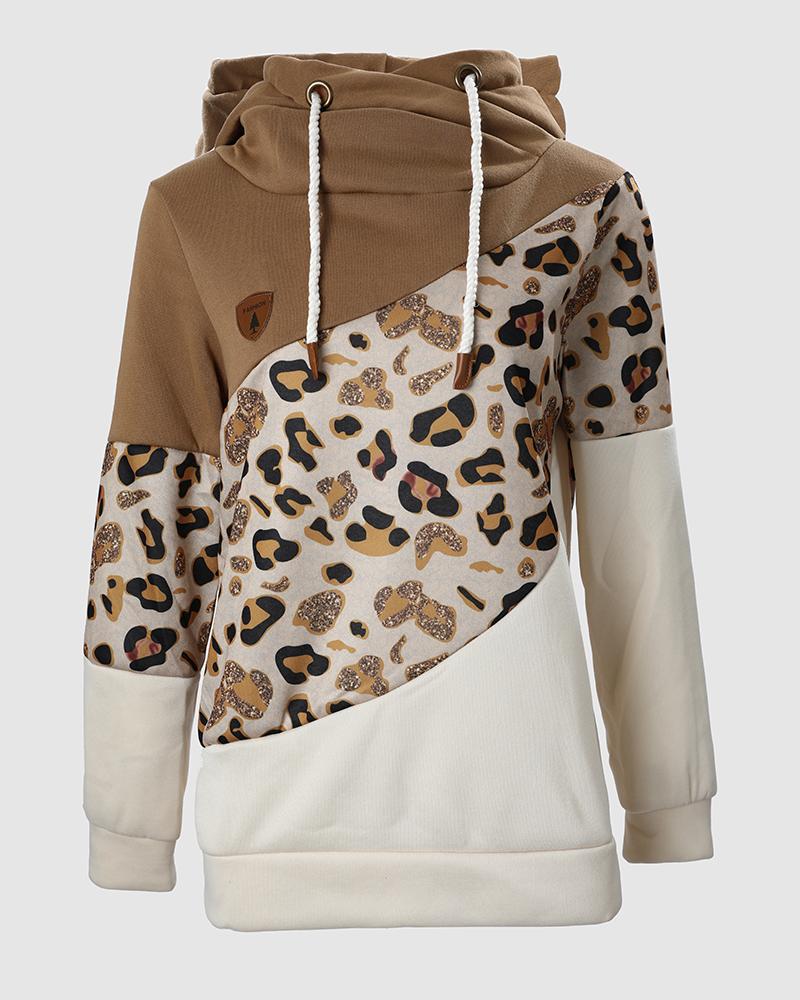 Lantern Sleeve Colorblock Leopard Print Hooded Top