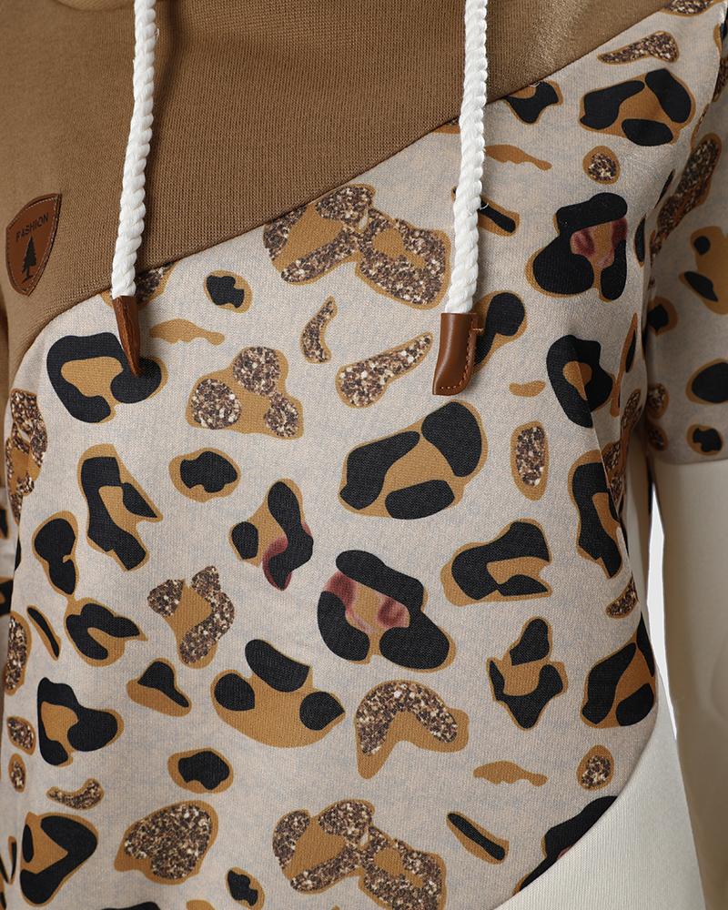 Lantern Sleeve Colorblock Leopard Print Hooded Top