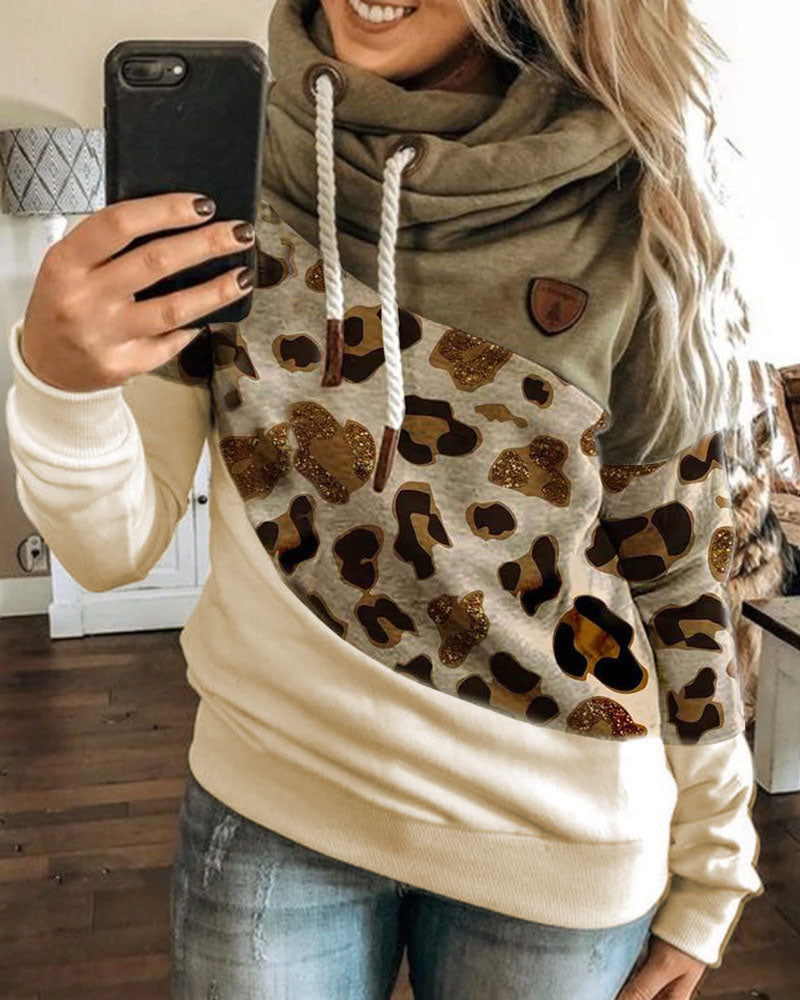 Lantern Sleeve Colorblock Leopard Print Hooded Top