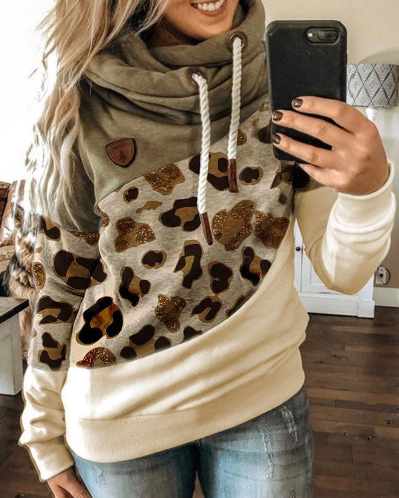 Lantern Sleeve Colorblock Leopard Print Hooded Top