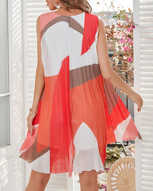 Geo Print Chiffon Pleated Flowy Swing Dress