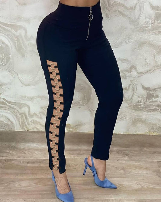 High Waist Zipper Design O Ring Skinny Pants