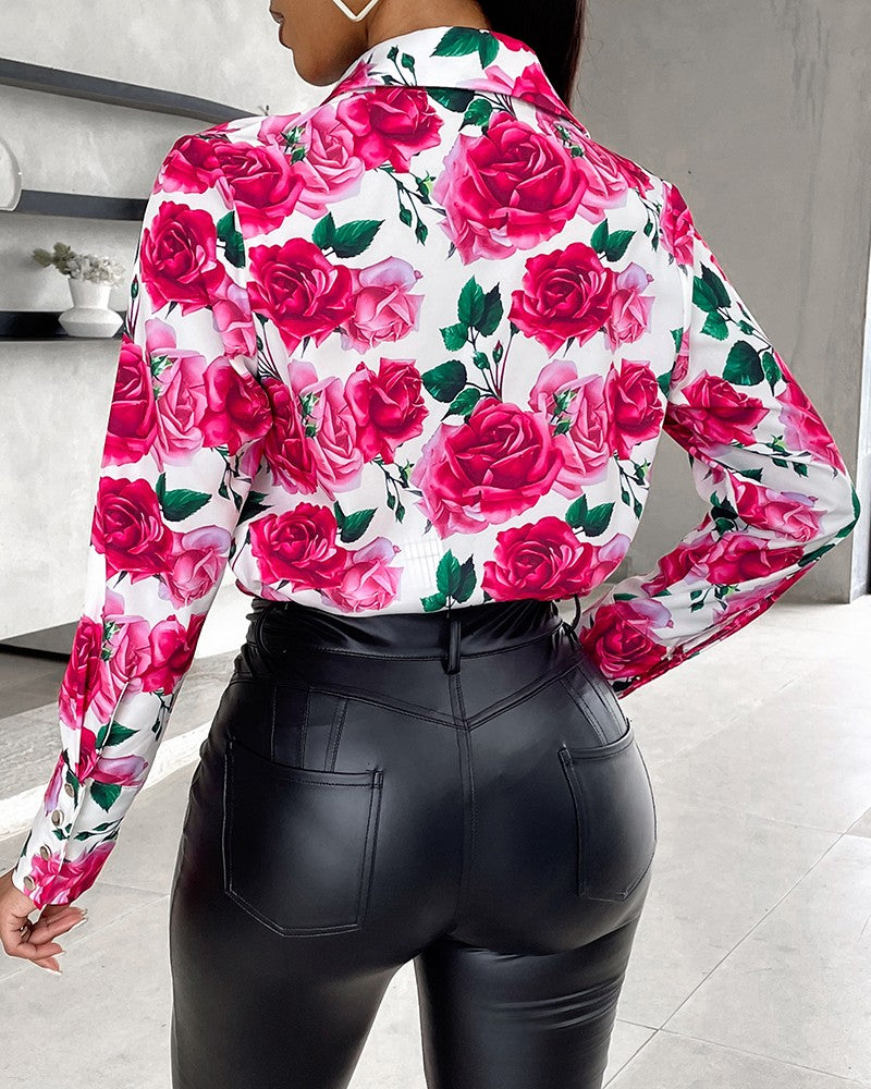 Floral Print Buttoned Long Sleeve Top