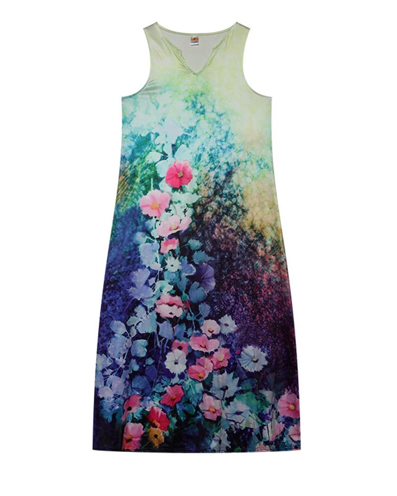 Floral Print Sleeveless Maxi Dress