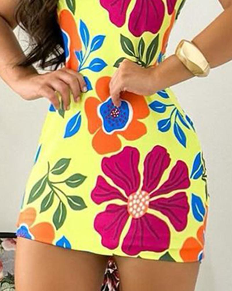 Floral Print Short Sleeve Round Neck Dress