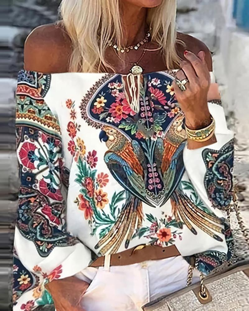 Floral Bird Print Off Shoulder Top